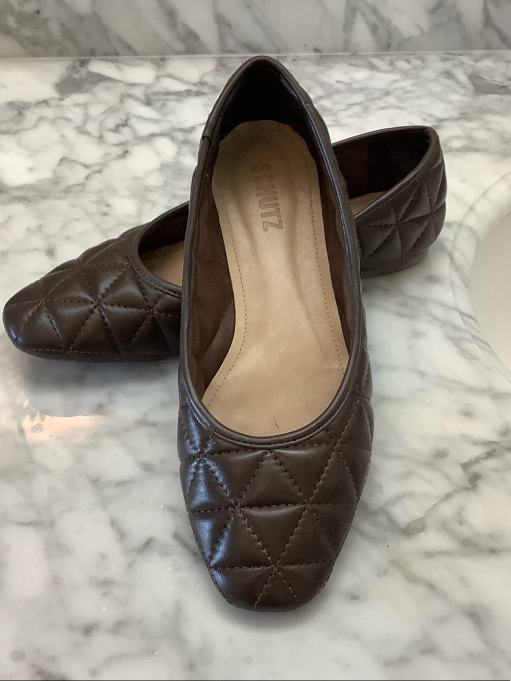 SCHUTZ Dark Brown Quilted Pointed-Toe Ballet Flats 8